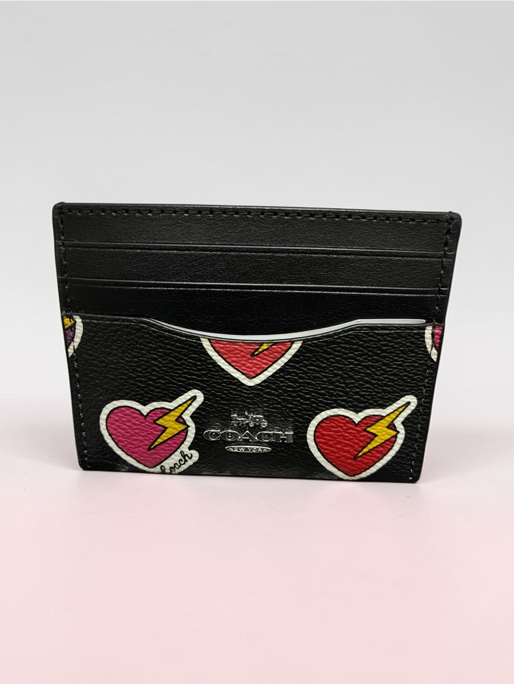 Coach Slim ID Card Case Black Multi Heart Lightning Bolt Print NWT